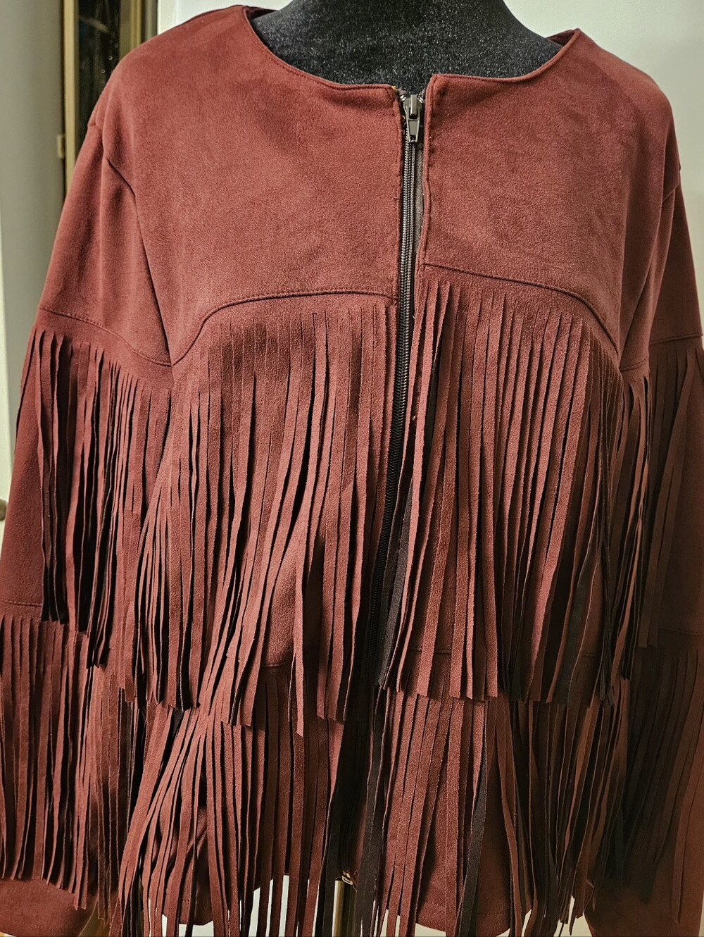 TEX Burgundy Faux Suede Tiered Fringe Zip Front Jacket XXL